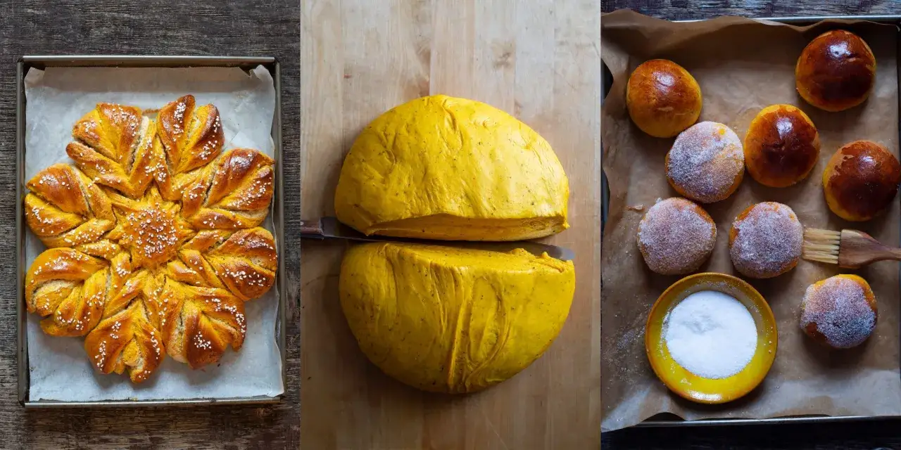 Fredriks fika: en vackert stj&auml;rnformad bulle, gul deg och nybakade bullar redo att doppas i socker.