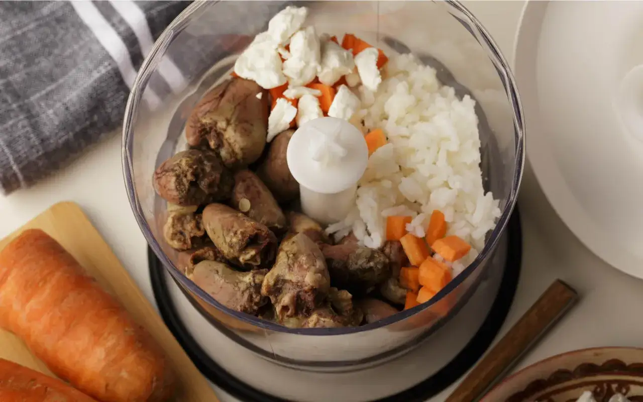 Zutaten f&uuml;r selbstgemachtes Katzenfutter im Mixer: H&uuml;hnerherzen, Reis, Karottenw&uuml;rfel und H&uuml;ttenk&auml;se.