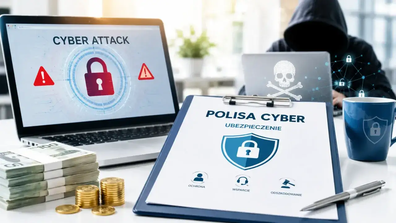 Ubezpieczenie od cyberprzestępczości: laptop z ostrzeżeniem o ataku, stos pieniędzy i dokument 
