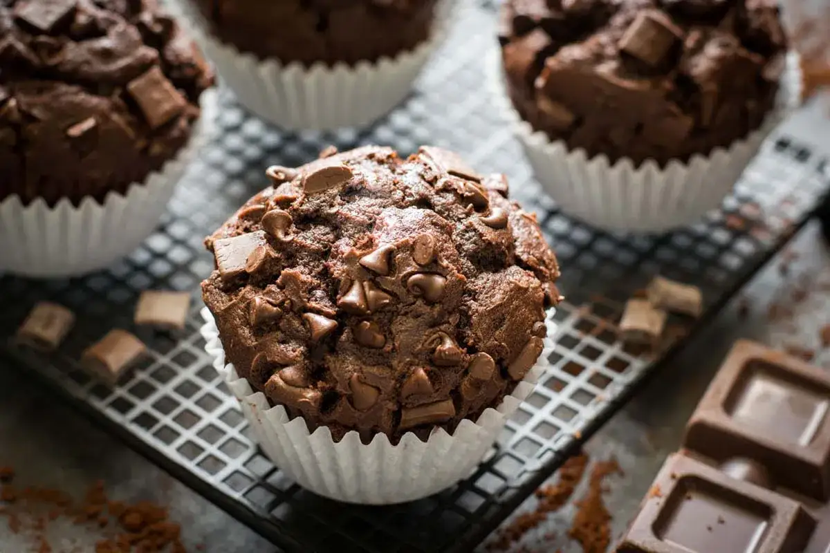 Muffin al cioccolato ricchi e umidi, con tante gocce di cioccolato che si sciolgono in bocca. Perfetti per una pausa golosa.