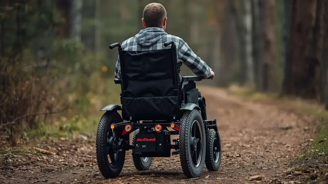 Osoba na wózku inwalidzkim przemierza leśną ścieżkę, ciesząc się naturą.