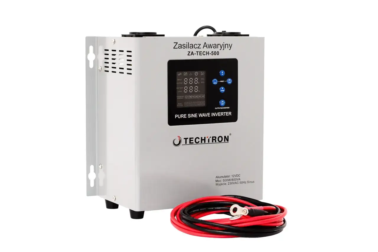 Domowy UPS Techtron ZA-TECH-500 z czystym sinusem, idealny do zabezpieczenia sprzętu. W zestawie kable.