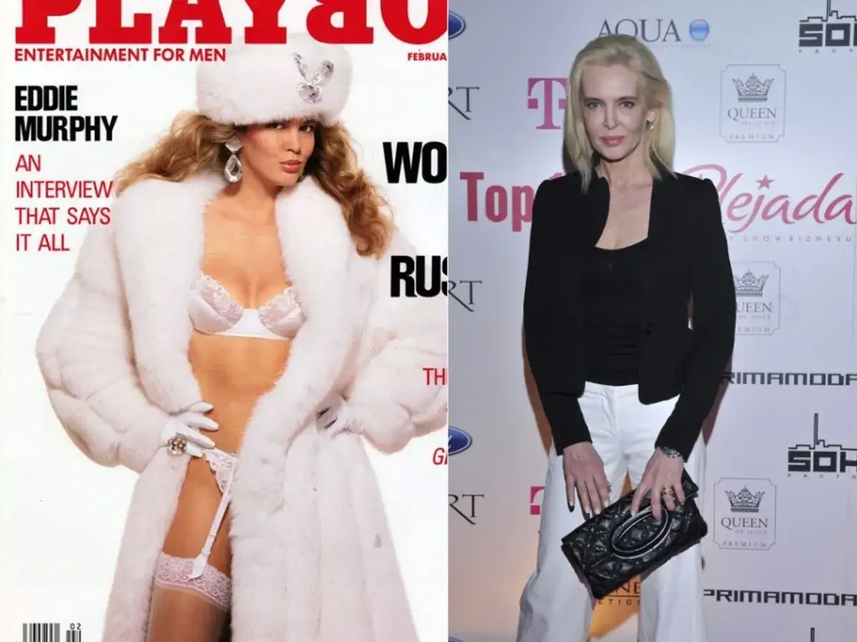 Bogna Sworowska w białym futrze i bieliźnie na okładce Playboya, obok jej obecne zdjęcie w czarnej marynarce i białych spodniach.
