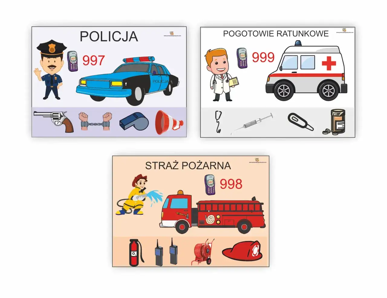Zestaw ilustracji z numerami alarmowymi do druku: Policja (997), Pogotowie Ratunkowe (999), Straż Pożarna (998).