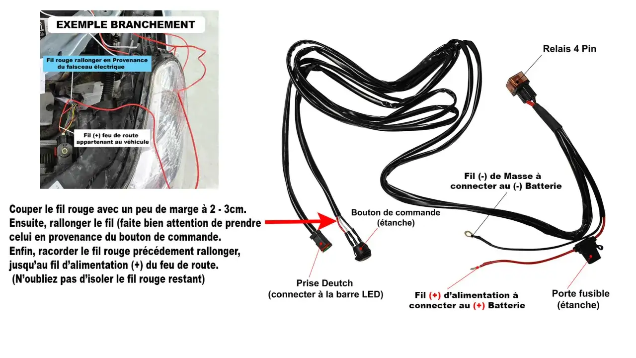 Exemple de branchement d'une barre LED sur un phare : câblage avec relais, fusible, bouton et connexion à la batterie.