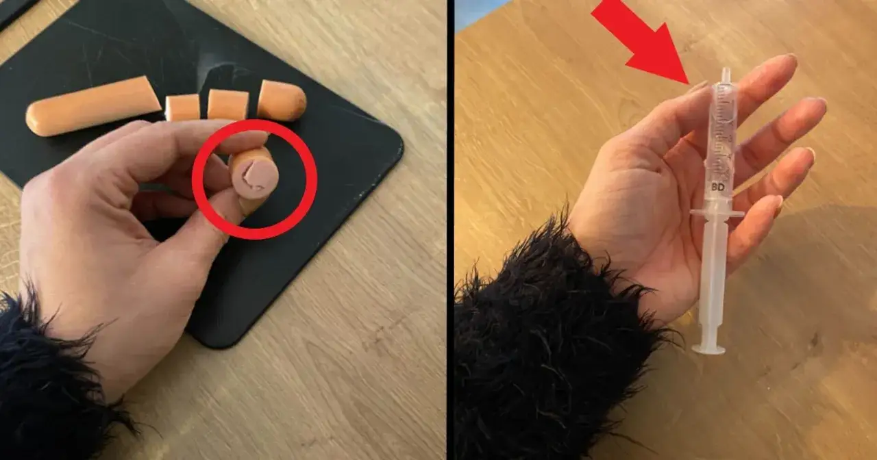 Jak podać psu tabletkę: kawałek parówki z wgłębieniem na lek i strzykawka bez igły.