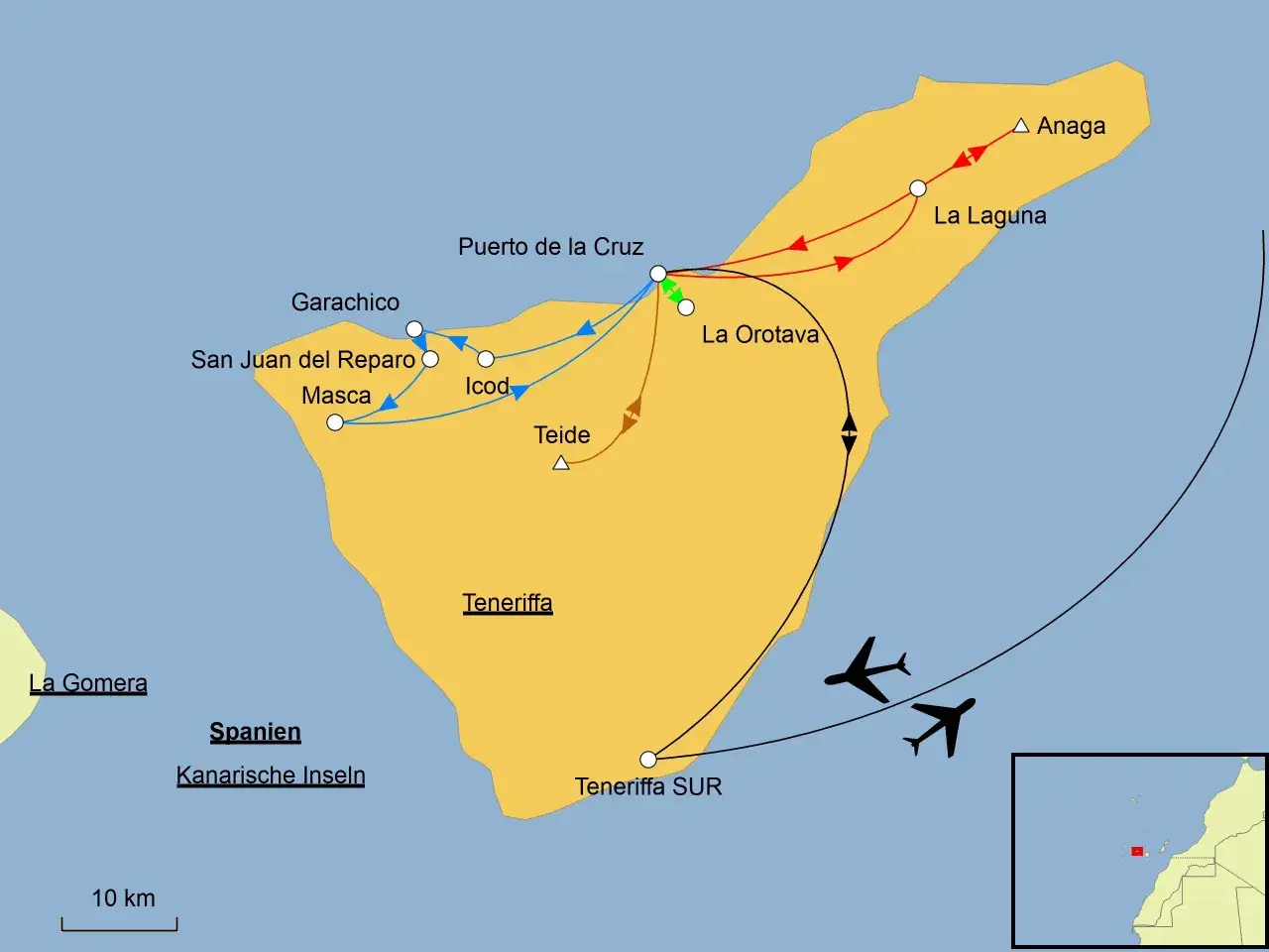 Karte von Teneriffa mit Routen & Orten wie Puerto de la Cruz, Teide, La Laguna. Tolle Teneriffa Urlaub Tipps für Ihre Reiseplanung!