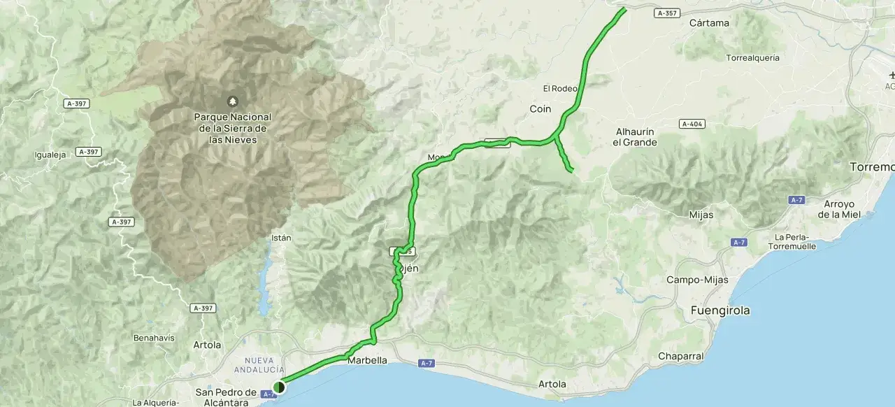 Trasa z okolic marbella lotnisko przez góry Sierra de las Nieves do Alhaurín el Grande.
