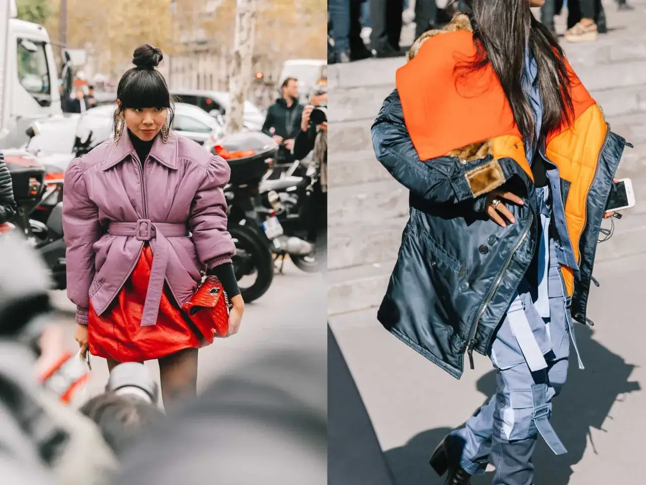 Dos mujeres muestran diferentes tipos de abrigos: uno acolchado lila con cinturón y falda roja, y otro azul marino con detalles naranjas y forro de pelo.