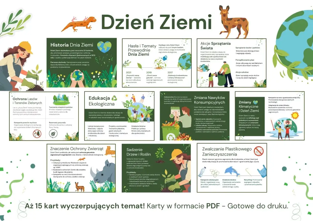 Dzień Ziemi gazetka do druku: ochrona przyrody, sadzenie drzew, segregacja odpadów, edukacja ekologiczna.