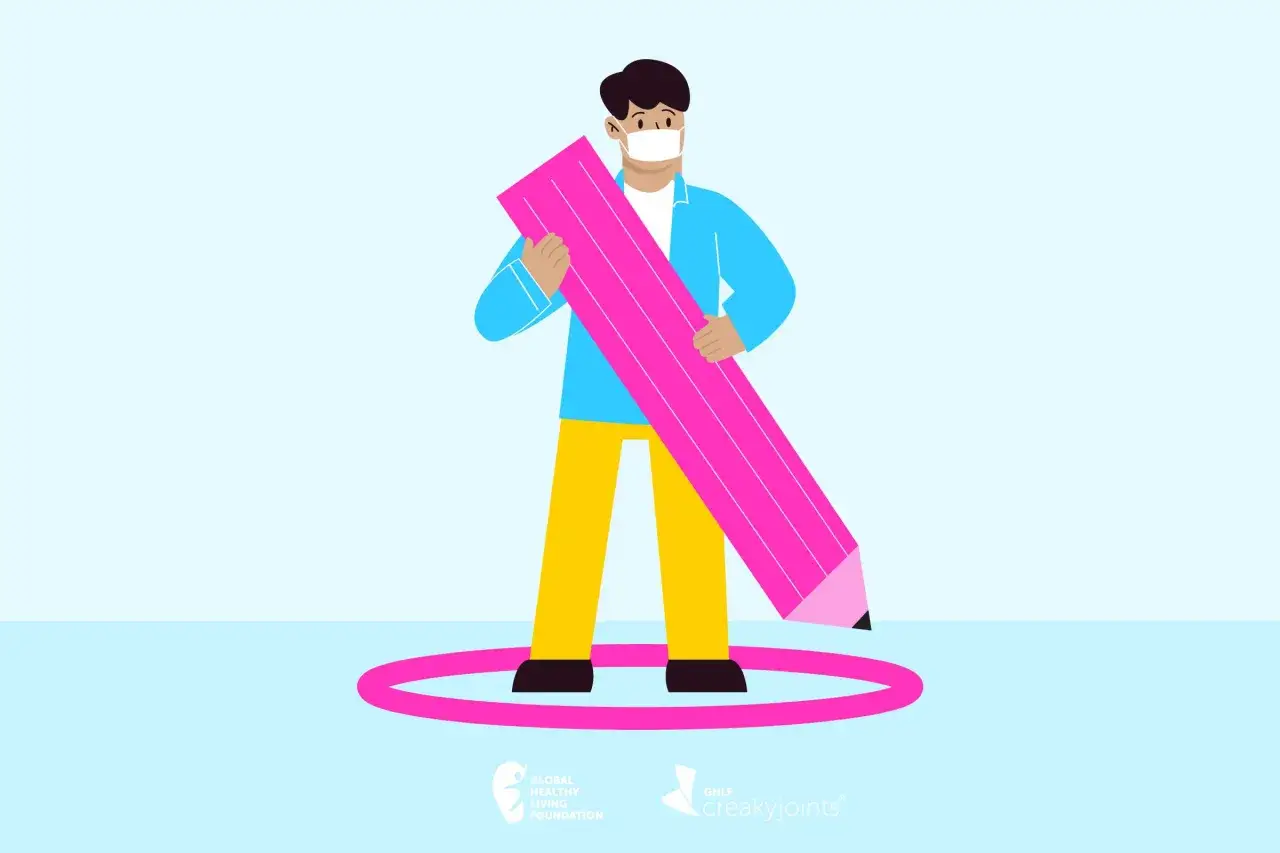 Mann mit Maske h&auml;lt riesigen rosa Stift, steht in rosa Kreis. Psychologie: es allen recht machen ist schwer.