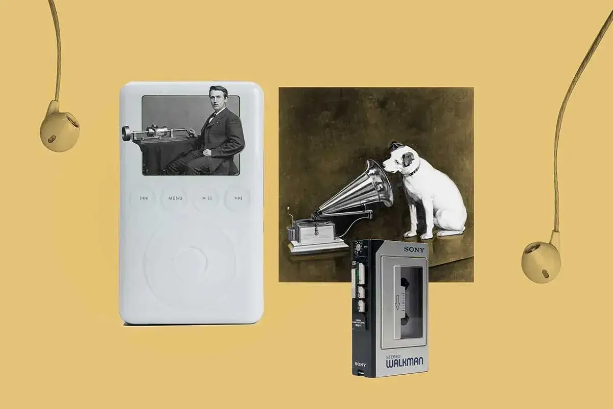 Ewolucja dźwięku: od fonografu, który był poprzednikiem gramofonu, przez psa Nipper słuchającego His Master's Voice, po Walkmana i iPoda.
