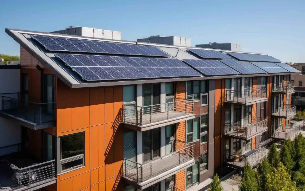 Edificio moderno con balcones y una **aplicación de placas solares** en el tejado, capturando la energía del sol.