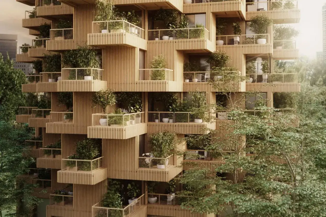 Edifici in legno famosi, con balconi pieni di piante che creano un'oasi verde verticale.
