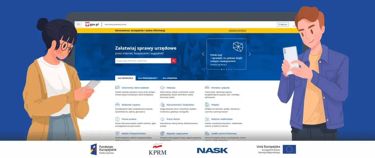 Kobieta i mężczyzna korzystają z telefonu. Na ekranie widoczny jest portal gov.pl, gdzie można załatwić sprawy urzędowe, w tym uzyskać prawo jazdy.