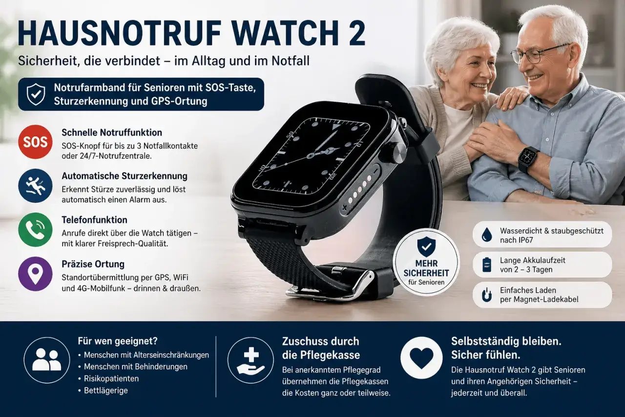 Hausnotruf Watch 2: Sicherheit f&uuml;r Senioren mit SOS-Taste, Sturzerkennung und GPS-Ortung. Ein &auml;lteres Paar l&auml;chelt, w&auml;hrend die Uhr am Handgelenk des Mannes zu sehen ist.