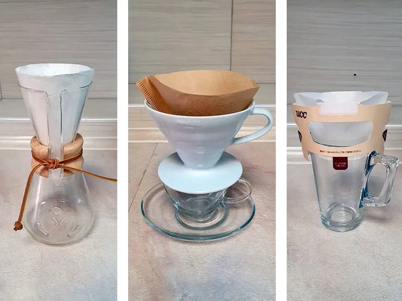Trzy różne metody parzenia kawy: Chemex, dripper z papierowym filtrem i dripper UCC. Każdy z nich to rodzaj kawiarki, która pozwala uzyskać aromatyczny napój.