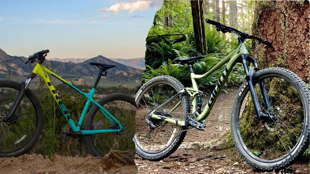 Two mountain bikes, one teal and yellow in a scenic mountain landscape, the other green in a lush forest, perfect for buying a mountain bike.