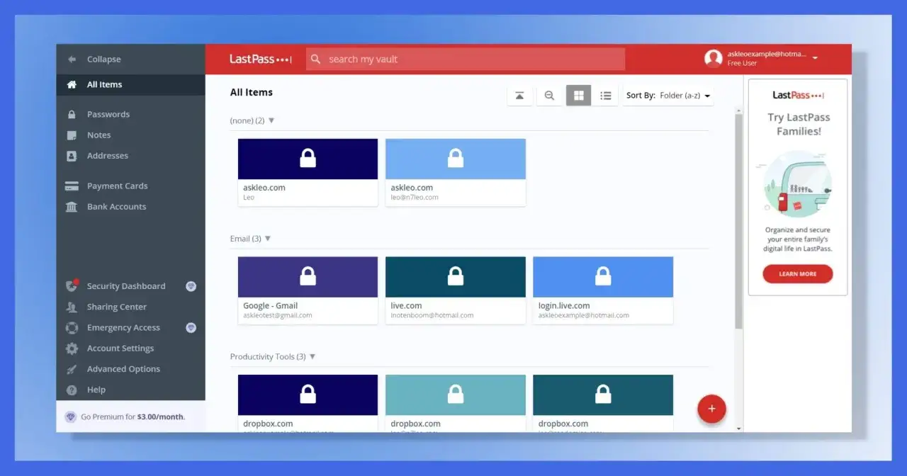 Menedżer haseł LastPass wyświetla listę zapisanych danych logowania, w tym do poczty i narzędzi produktywności.