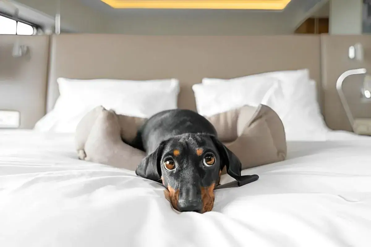 Jamnik w hotelowym łóżku, z wielkimi oczami wpatruje się w obiektyw. Pies w hotelu czeka na swojego pana.