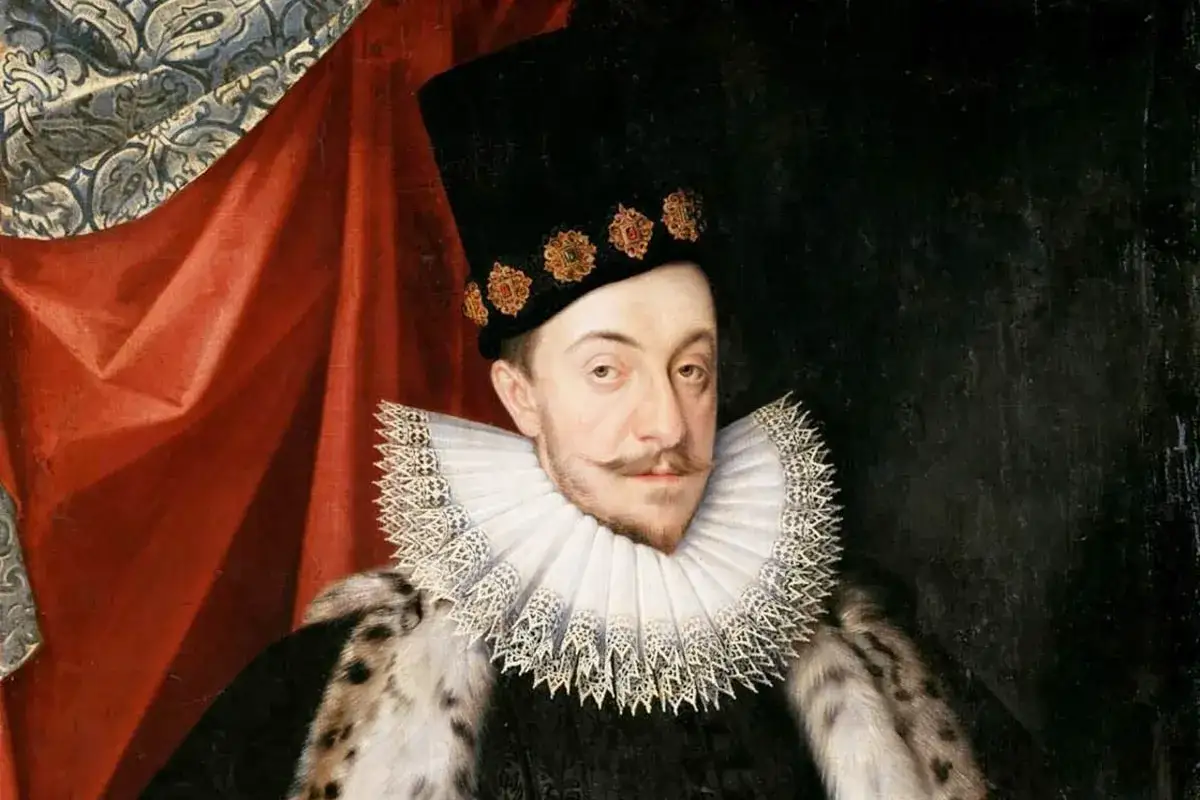 Portr&auml;tt av Sigismund Vasa i en svart hatt med juveler, vit kr&aring;s och p&auml;ls.