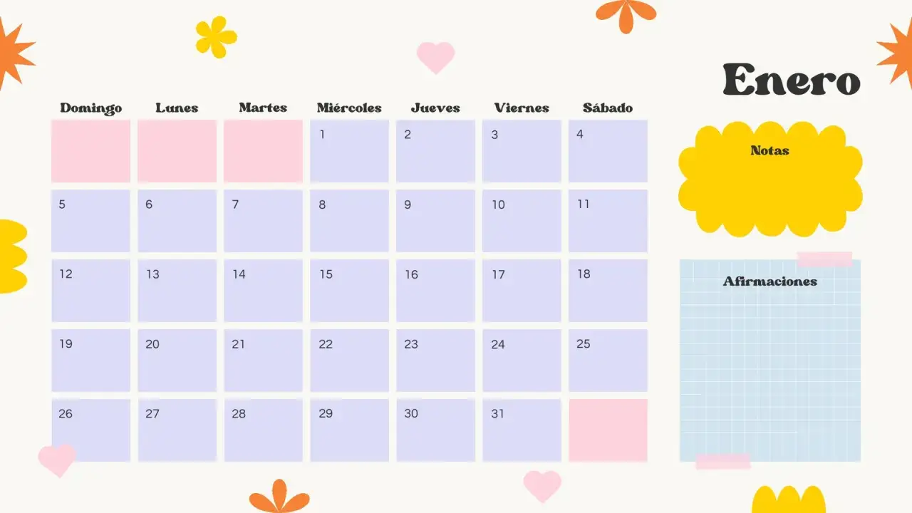 Calendario para rellenar de Enero con casillas para notas y afirmaciones. Dise&ntilde;o alegre con flores y corazones.