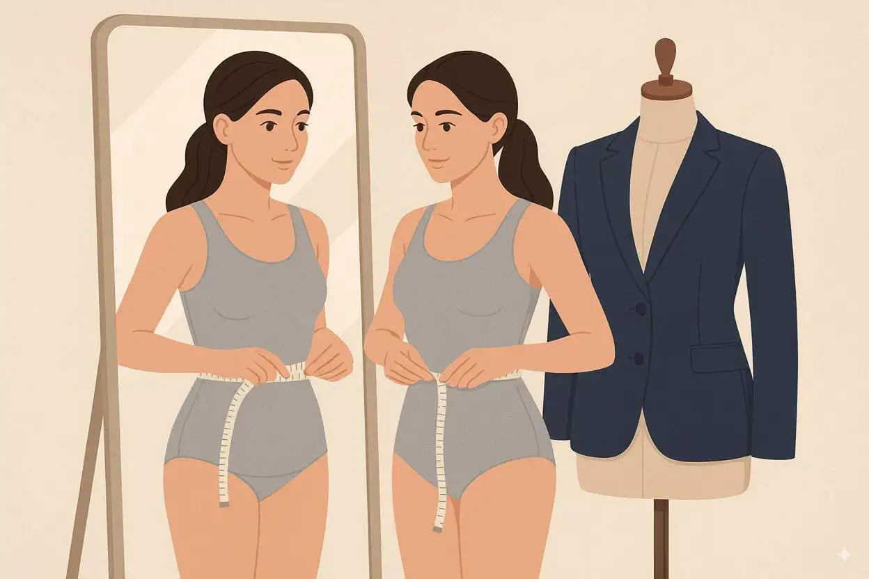 Une femme mesure sa taille devant un miroir, à côté d'un mannequin portant un blazer. Quel blazer pour quelle morphologie ?