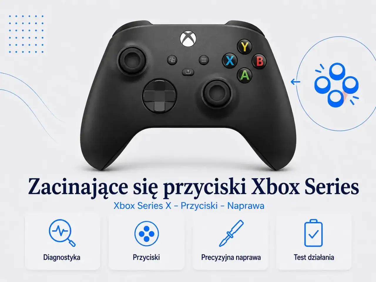 Czarny pad Xbox Series X do testu przycisków. Ikony diagnostyki, przycisków, precyzyjnej naprawy i testu działania.