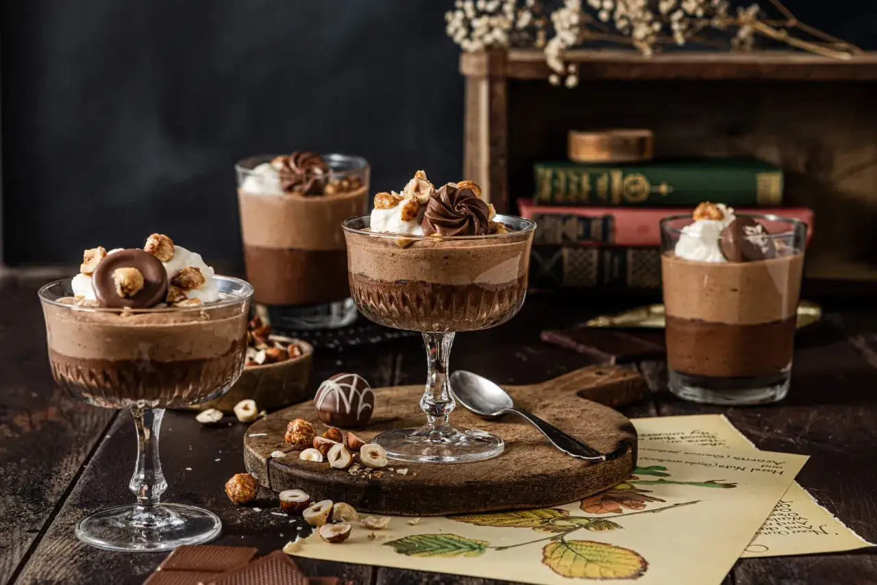 Schokoladenmousse-Desserts in Gläsern, garniert mit Sahne, Nüssen und Schokolade. Ein Genuss für jeden Schokoladenliebhaber.