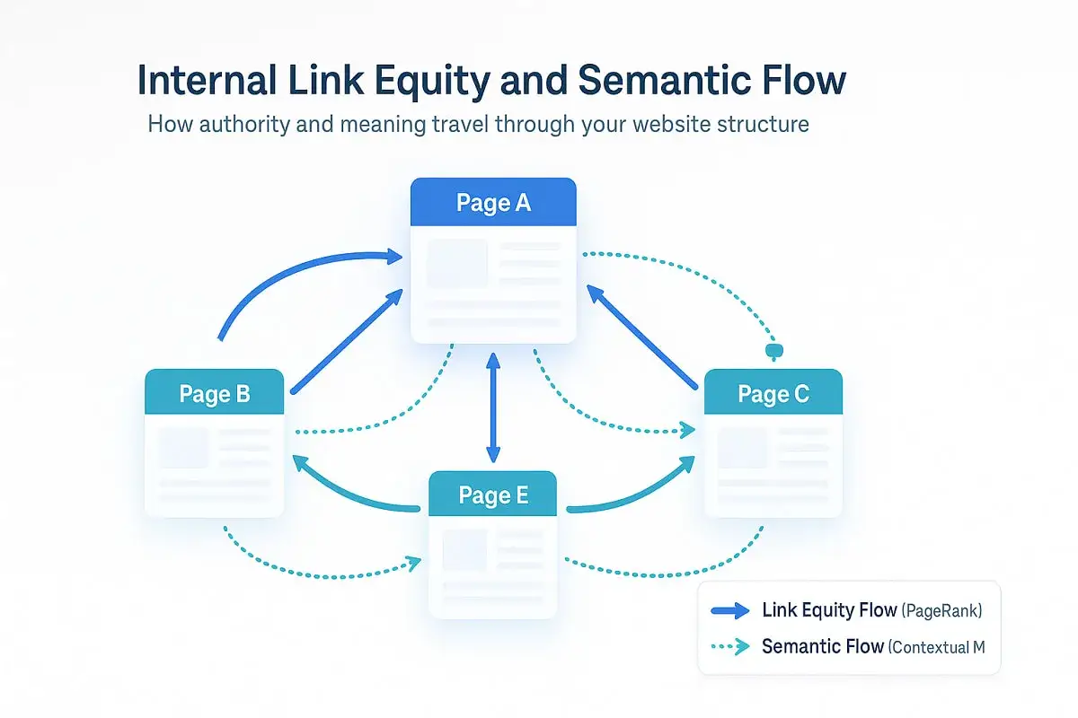 Schema zeigt, wie **link juice** (Link Equity Flow) und semantischer Fluss durch interne Links zwischen Seiten flie&szlig;en.