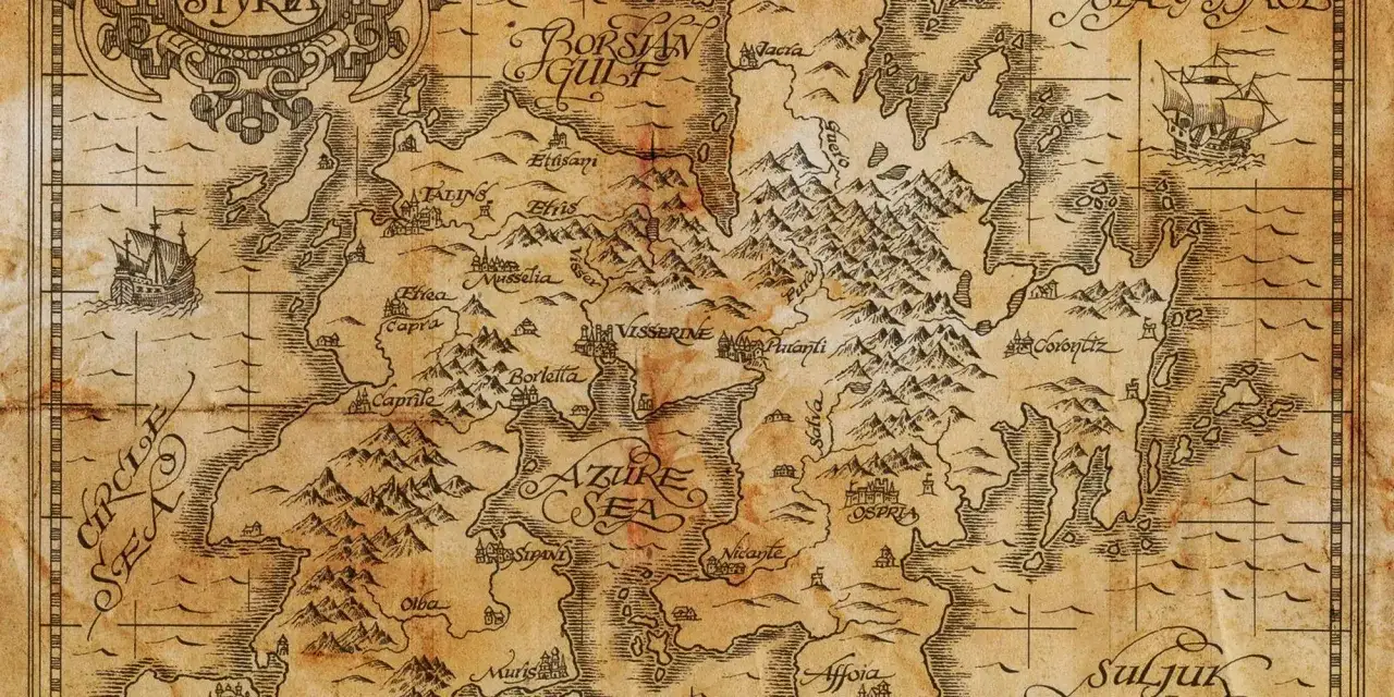 Alte Karte mit Schiffen und Städten, die an eine Welt aus Fantasy-Romanen erinnert.