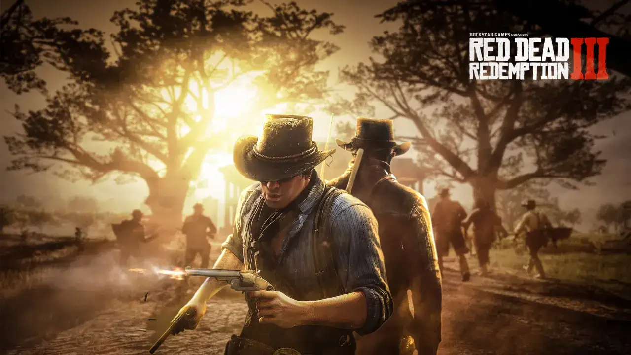 Dwóch rewolwerowców w kapeluszach, jeden strzela, w tle słońce i inni ludzie. Czy to zapowiedź Red Dead Redemption 3 kiedy?