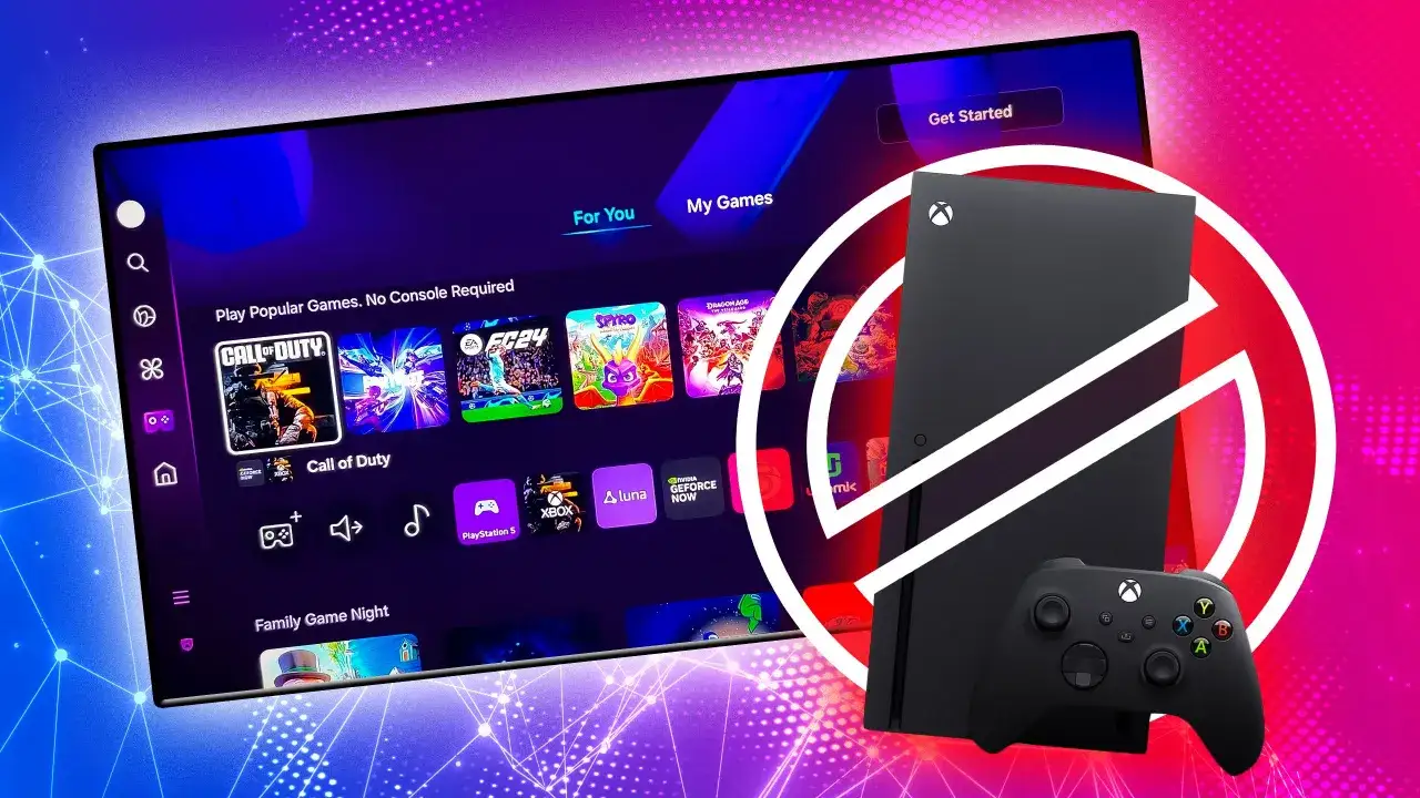 Ekran z grami w chmurze, w tym Call of Duty, obok konsoli Xbox i kontrolera. Możliwość grania bez konsoli dzięki Xbox Cloud Gaming.
