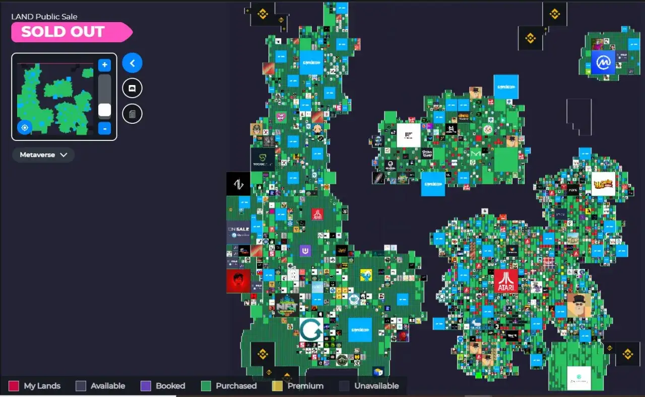 Mapa wirtualnego świata The Sandbox, pełna zielonych, zakupionych działek z logotypami marek. Sprzedaż publiczna zakończona.