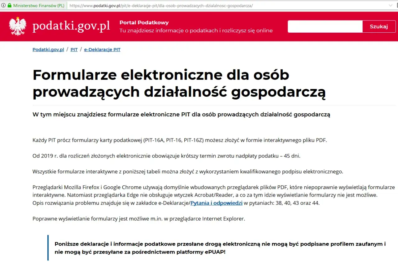 Formularze elektroniczne PIT dla osób prowadzących działalność gospodarczą. Znajdziesz tu PIT-6 i inne.