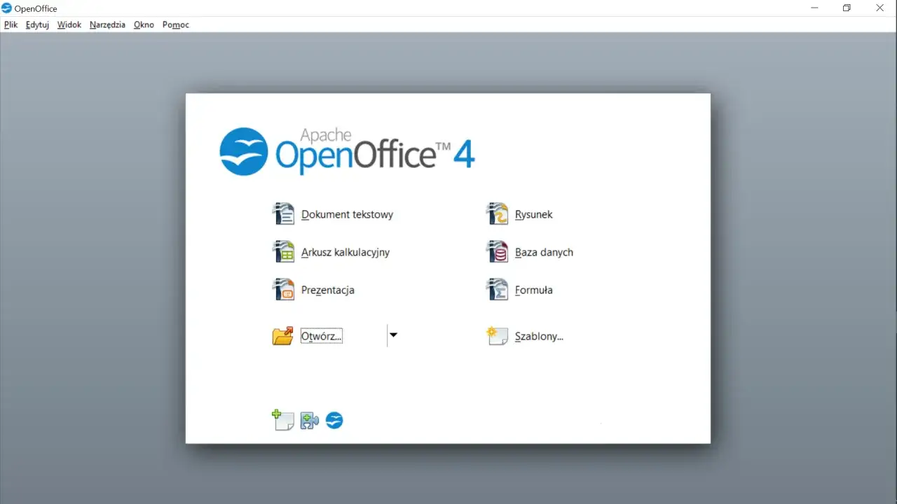 Ekran startowy programu OpenOffice. Możesz tu tworzyć dokumenty tekstowe, arkusze kalkulacyjne, prezentacje, rysunki, bazy danych i formuły.