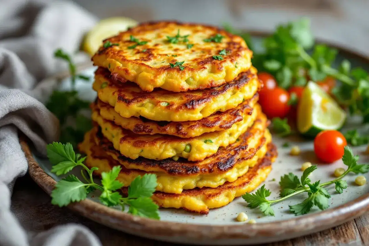 Pile de galettes de pois cass&eacute;s dor&eacute;es, garnies de persil frais, accompagn&eacute;es de tomates cerises et d'un quartier de citron vert.