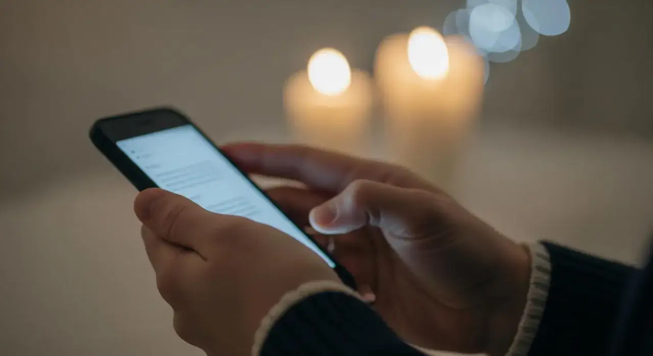 Dłonie trzymają smartfon, na ekranie widać tekst. W tle palą się świece. Zastanawiasz się, jak zwiększyć litery w telefonie?