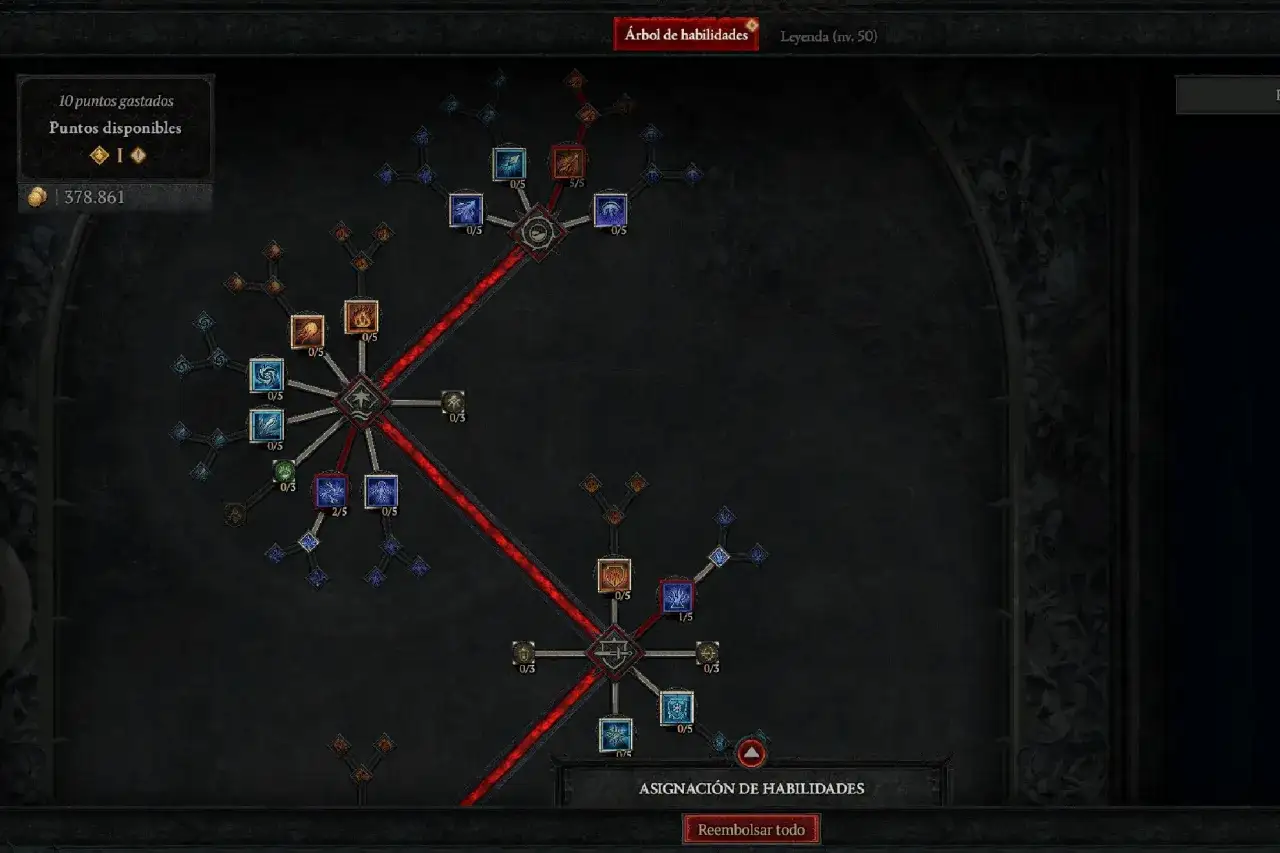 Árbol de habilidades de hechicero en Diablo 4. Muestra la progresión de habilidades con puntos disponibles y gastados.