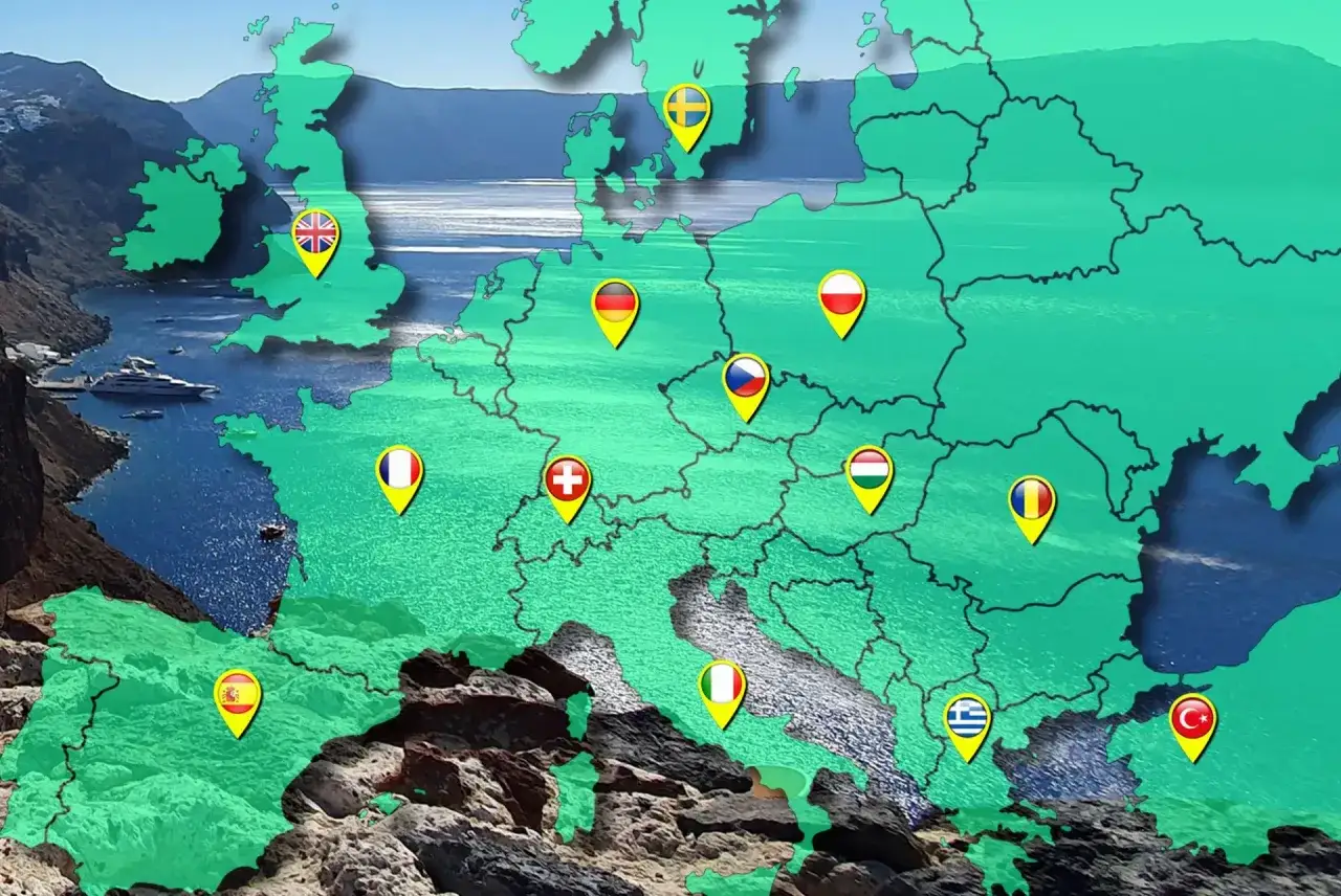 Mapa Europy z ikonami apteczki i samochod&oacute;w