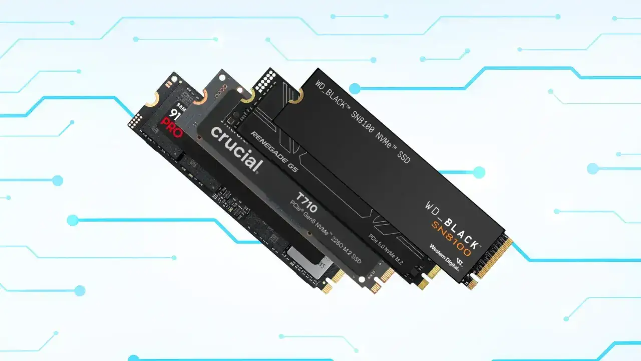 Kilka dysk&oacute;w SSD NVMe, w tym modele PCIe 5.0, ułożonych na tle schematu obwod&oacute;w.