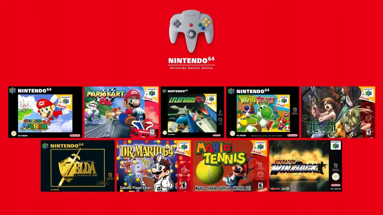 Kolekcja gier z Nintendo 64, w tym Super Mario 64, Mario Kart 64 i Zelda: Ocarina of Time, dostępna dzięki Nintendo Switch Online Expansion Pack.