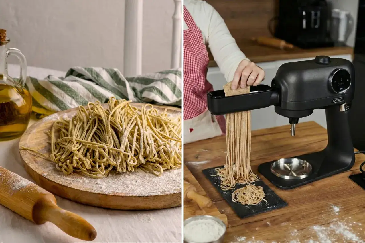 Świeżo przygotowana prosta pasta fresca wychodzi z nowoczesnego urządzenia do makaronu. Na drewnianej desce leży gotowy makaron, obok butelka oliwy.