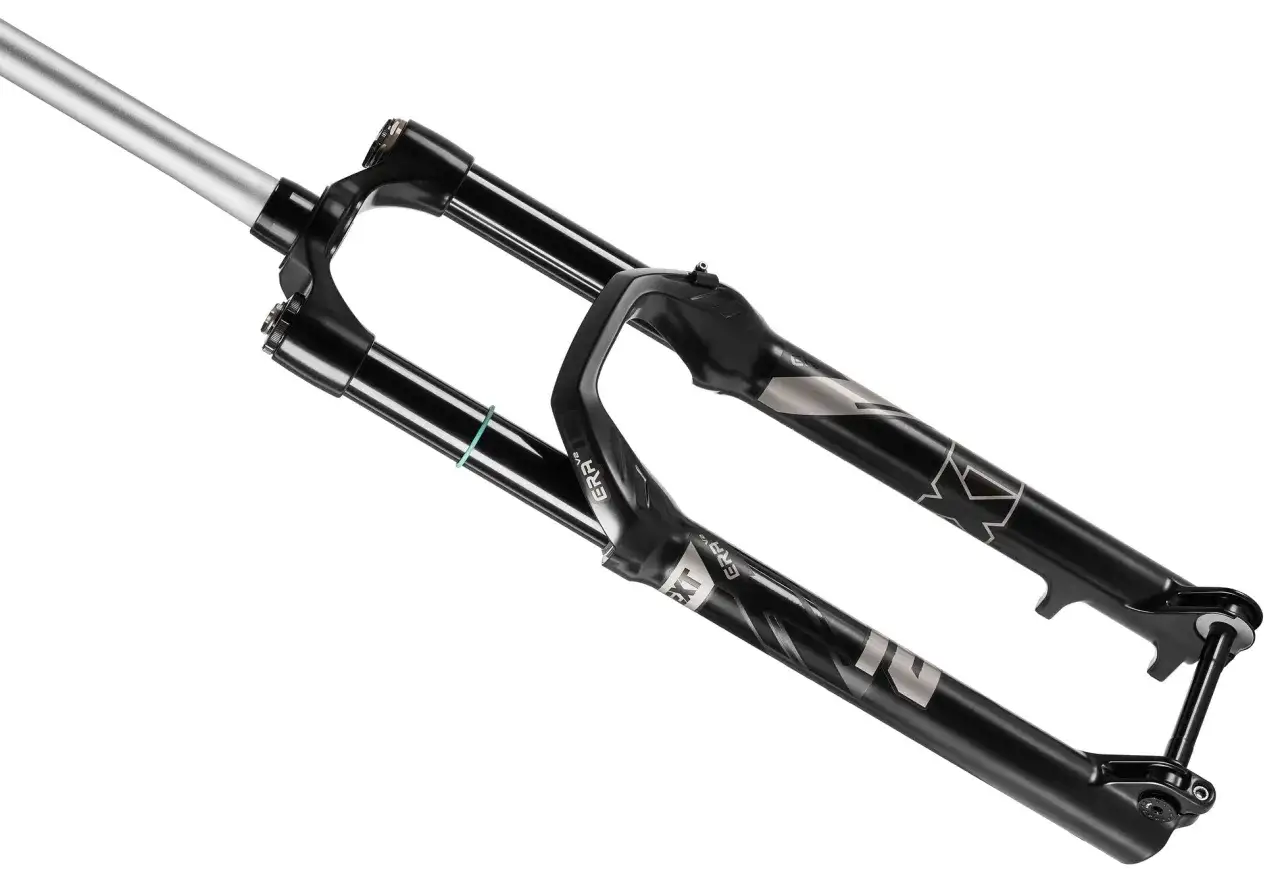 Black mountain bike suspension fork with silver accents and