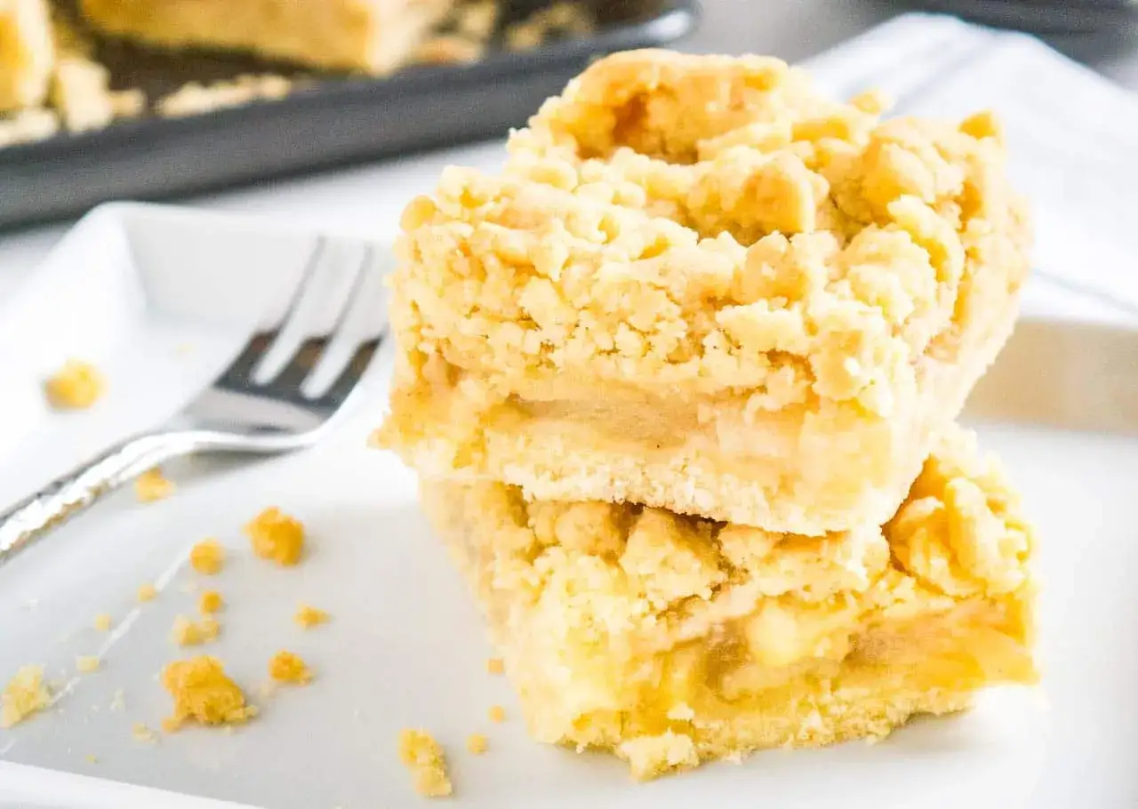 Zwei saftige Apfelkuchen-Riegel mit Streuseln auf einem Teller, bereit zum Genie&szlig;en. Ein einfaches Apfelkuchen Rezept.