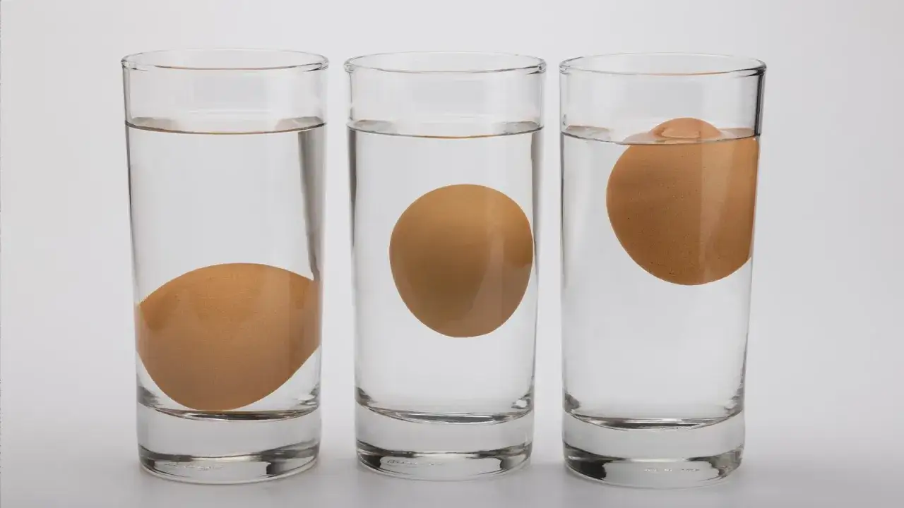 Trois œufs dans des verres d'eau : un au fond, un flottant au milieu, un flottant à la surface. Pour savoir si un œuf est bon, observez sa position.