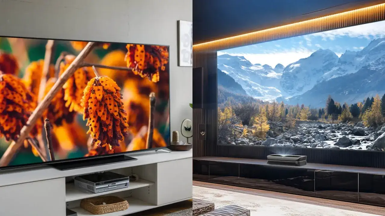 Zwei Bildschirme zeigen atemberaubende Landschaften in lebendigen Farben, dank Dolby Vision. Links eine Nahaufnahme von orangefarbenen Fr&uuml;chten, rechts ein Bergpanorama.