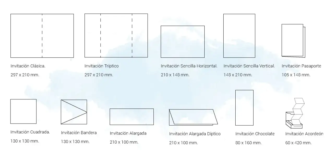 Diagrama de diferentes formatos y medidas de invitaciones de boda: cl&aacute;sica, tr&iacute;ptico, pasaporte, cuadrada, bandera, alargada, d&iacute;ptico, chocolate y acorde&oacute;n.