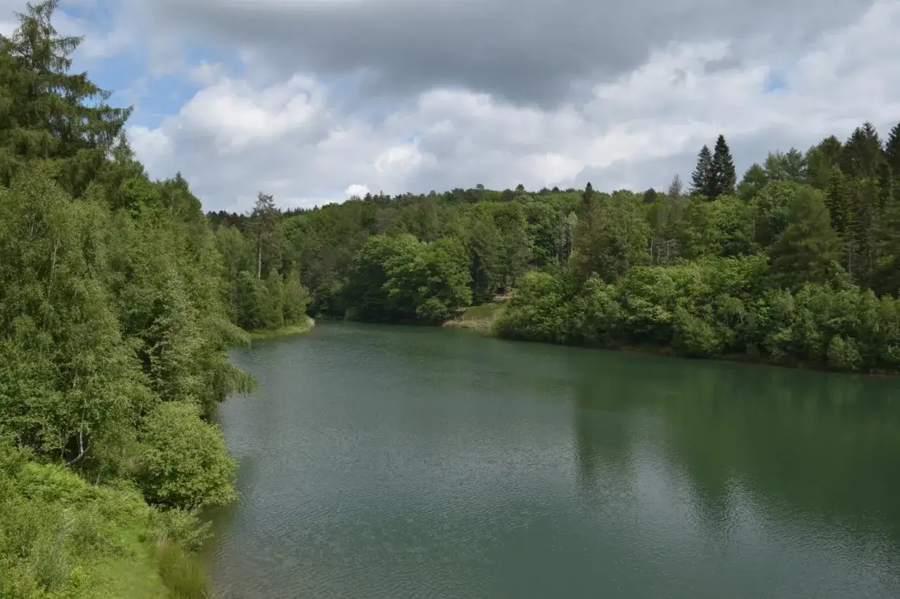 Gr&uuml;ne Wasserfl&auml;che umgeben von &uuml;ppigem Wald. Ein idealer Ort f&uuml;r einen Ausflug zum wanderparkplatz Gelpetal.