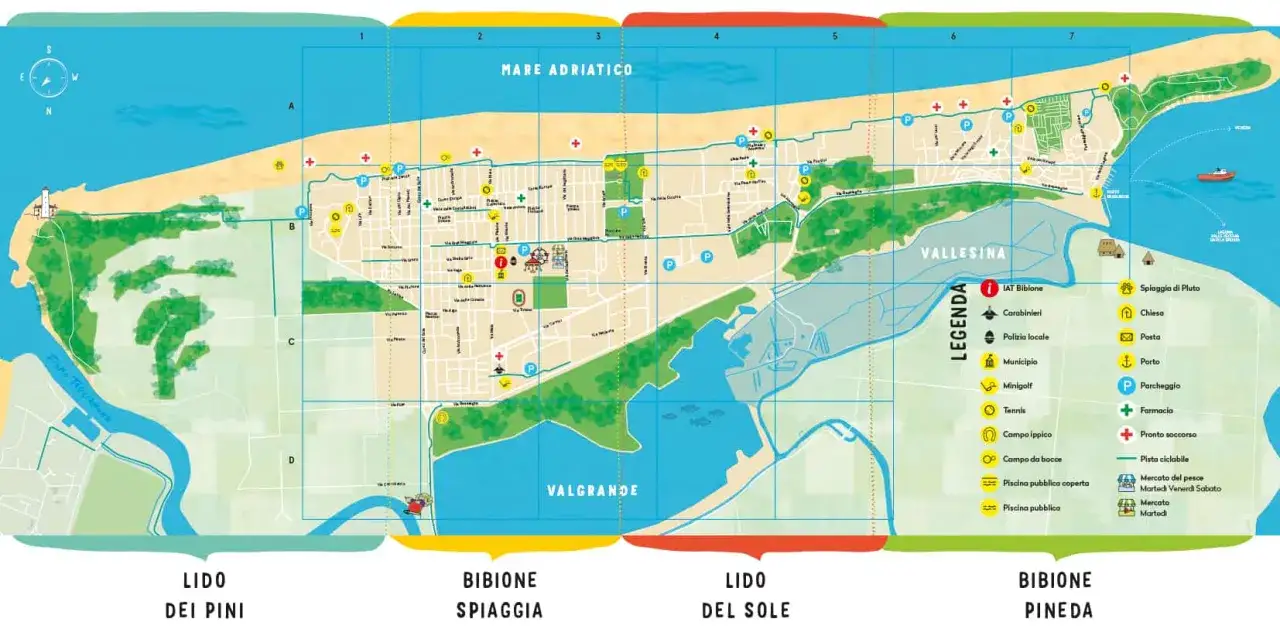 Mapa turystyczna Bibione Spiaggia z zaznaczonymi atrakcjami, plażami i drogami.